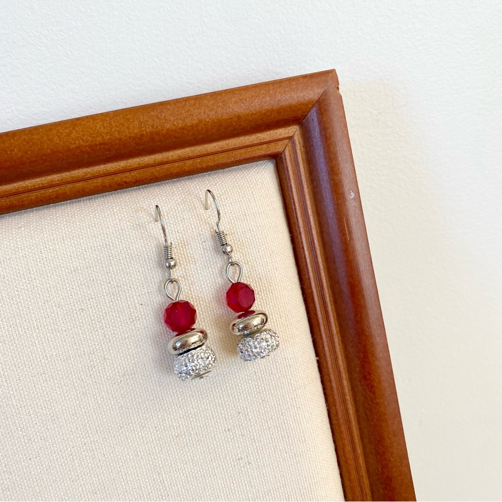 4/$15 Sparkly Silver Red Faceted Beads Dangling Drop Earrings